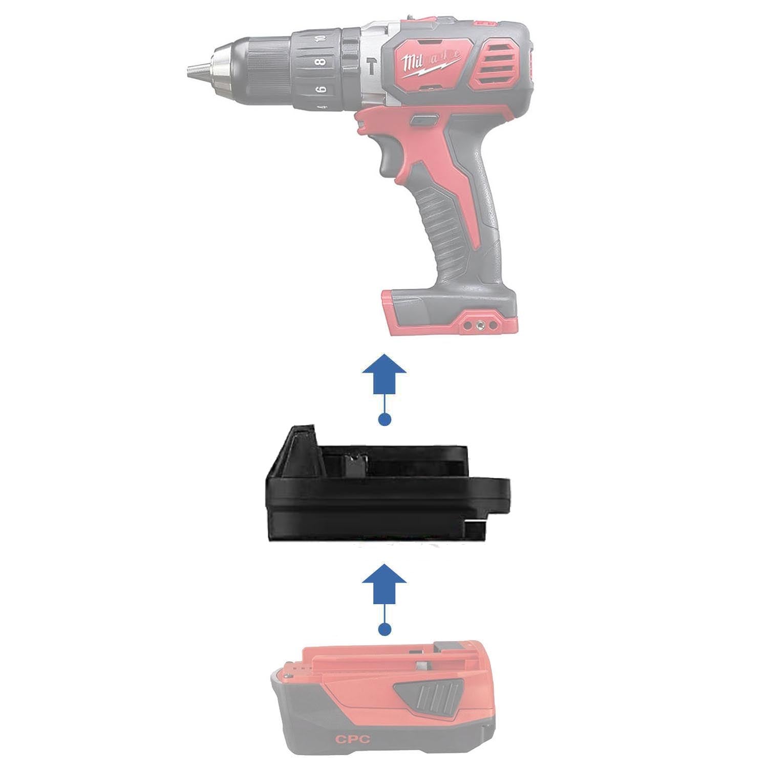 Hilti 22V to Milwaukee M18 battery adapter - compatibility diagram showing battery, adapter and hammer drill