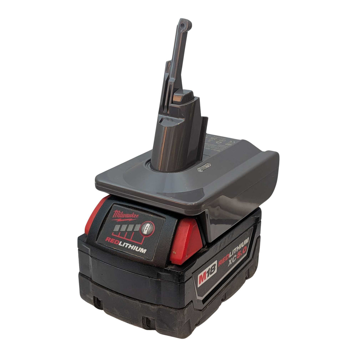 Milwaukee M18 to Dyson V7 battery adapter: Battery on Adapter, Left