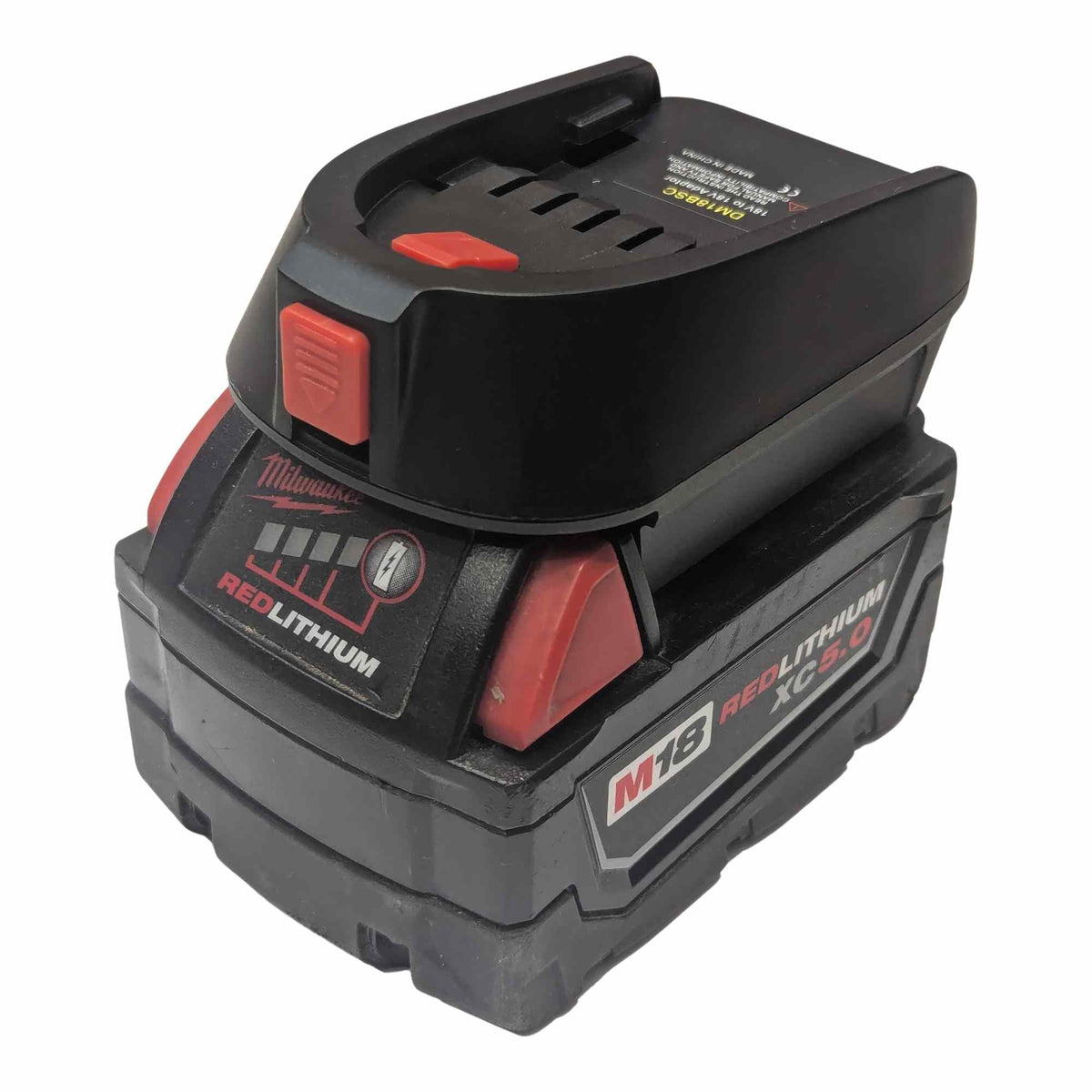 Milwaukee M18 to Flymo 18V P4A battery adapter - installed on battery