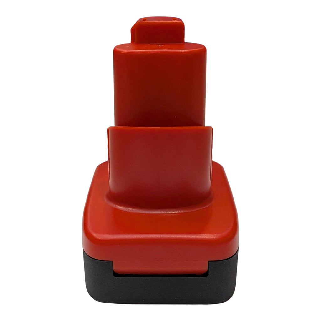 Porter Cable 20V to Milwaukee M12 battery adapter - rear view, red tool-side tower and black battery-side skirt